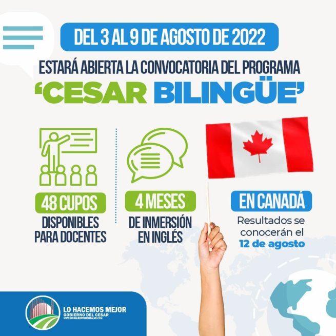 Gobierno del Cesar abre convocatoria para que 48 docentes perfeccionen el inglés con programa de bilingüismo en Canadá